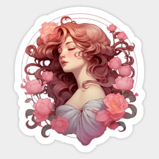 A Bouquet of Peonies - Beautiful Woman, Mucha, Art Nouveau Sticker